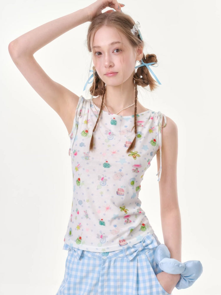 Dreamy Graphic Print Ribbon Sleeveless Tops【s0000016342】