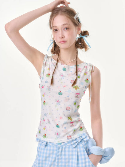 Dreamy Graphic Print Ribbon Sleeveless Tops【s0000016342】