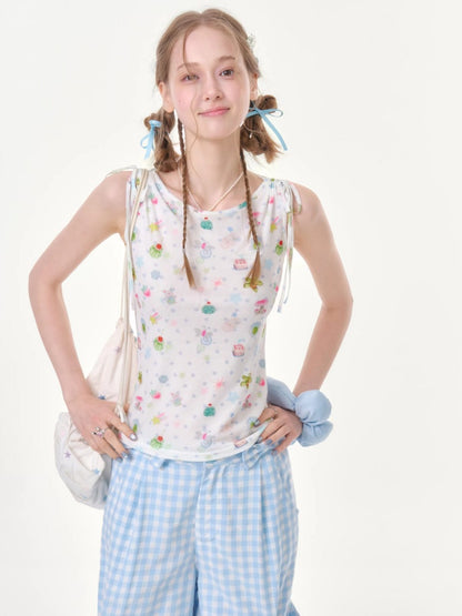 Dreamy Graphic Print Ribbon Sleeveless Tops【s0000016342】