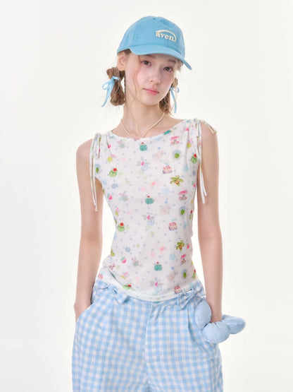 Dreamy Graphic Print Ribbon Sleeveless Tops【s0000016342】