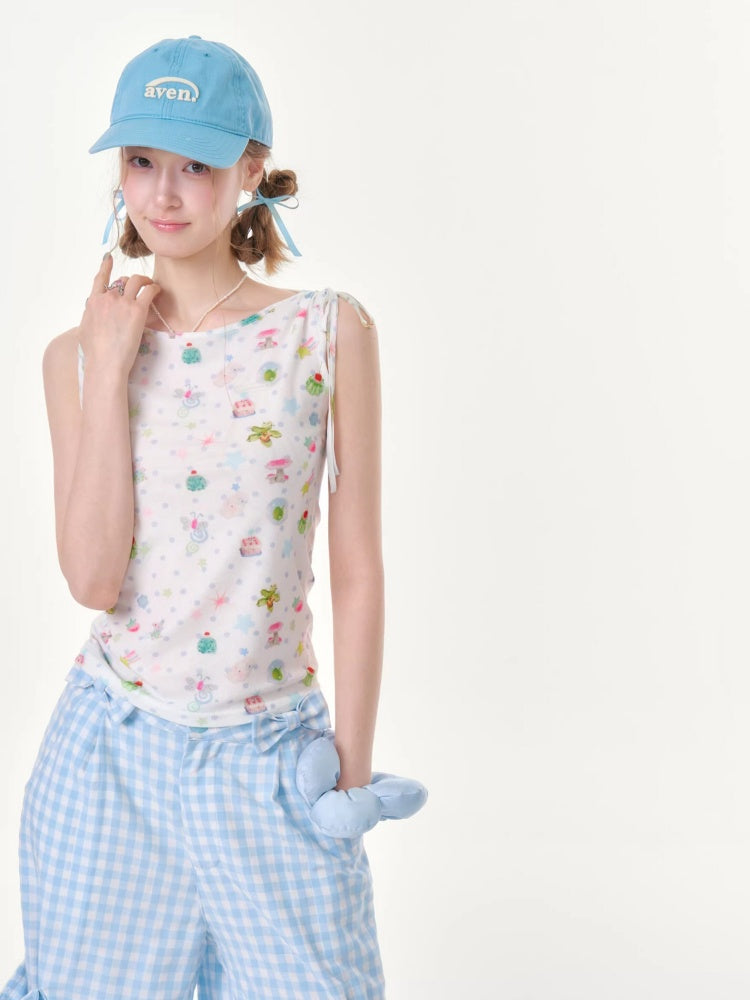 Dreamy Graphic Print Ribbon Sleeveless Tops【s0000016342】