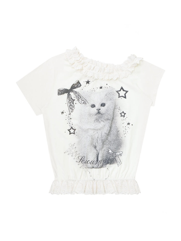 Stardust Cat Print Off-Shoulder Lace Ruffle Hem Short-Sleeved T-Shirt【s0000016343】