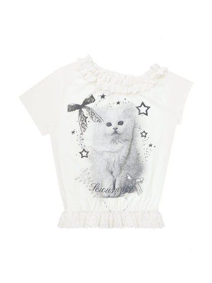 Stardust Cat Print Off-Shoulder Lace Ruffle Hem Short-Sleeved T-Shirt【s0000016343】