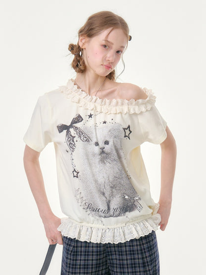 Stardust Cat Print Off-Shoulder Lace Ruffle Hem Short-Sleeved T-Shirt【s0000016343】