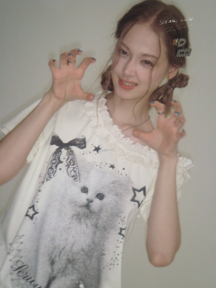 Stardust Cat Print Off-Shoulder Lace Ruffle Hem Short-Sleeved T-Shirt【s0000016343】