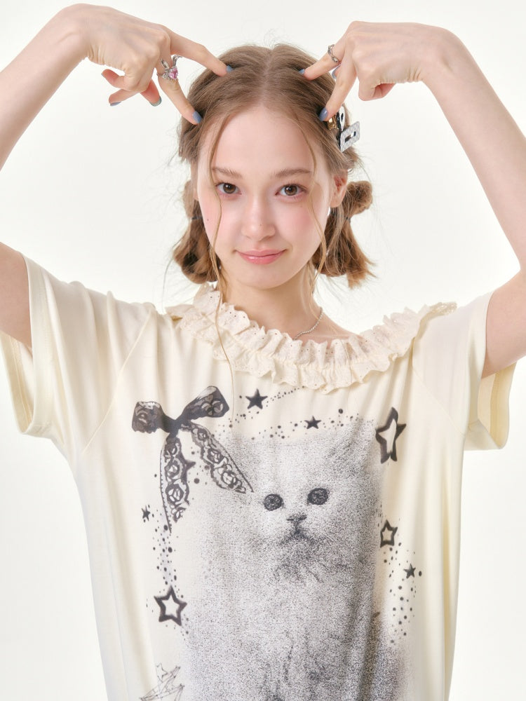 Stardust Cat Print Off-Shoulder Lace Ruffle Hem Short-Sleeved T-Shirt【s0000016343】