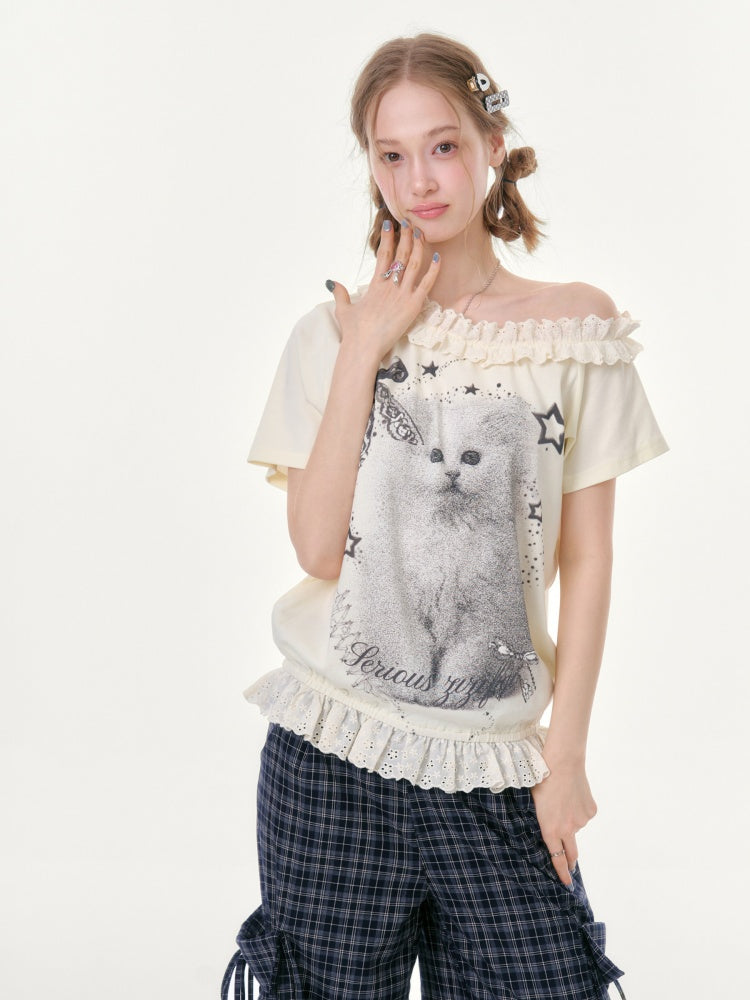 Stardust Cat Print Off-Shoulder Lace Ruffle Hem Short-Sleeved T-Shirt【s0000016343】