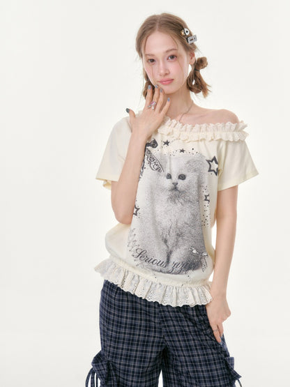 Stardust Cat Print Off-Shoulder Lace Ruffle Hem Short-Sleeved T-Shirt【s0000016343】