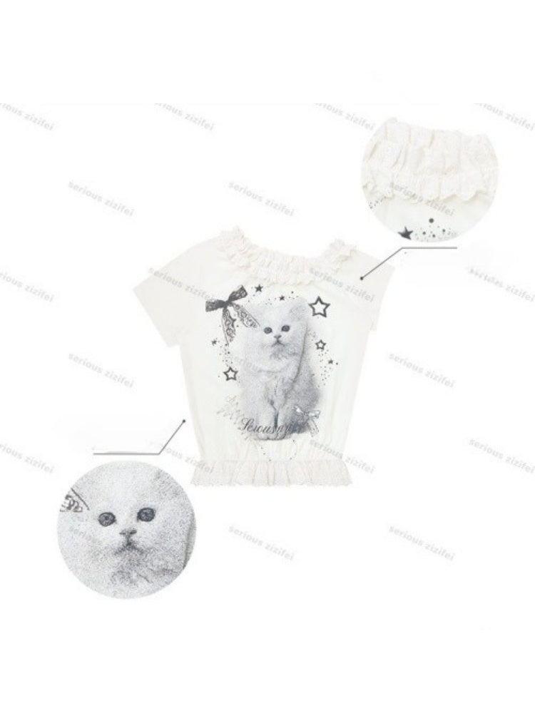 Stardust Cat Print Off-Shoulder Lace Ruffle Hem Short-Sleeved T-Shirt【s0000016343】