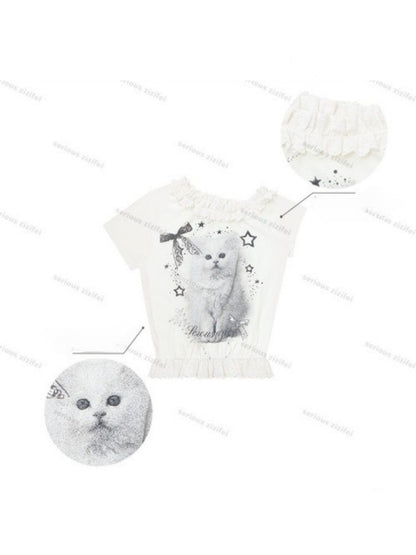 Stardust Cat Print Off-Shoulder Lace Ruffle Hem Short-Sleeved T-Shirt【s0000016343】