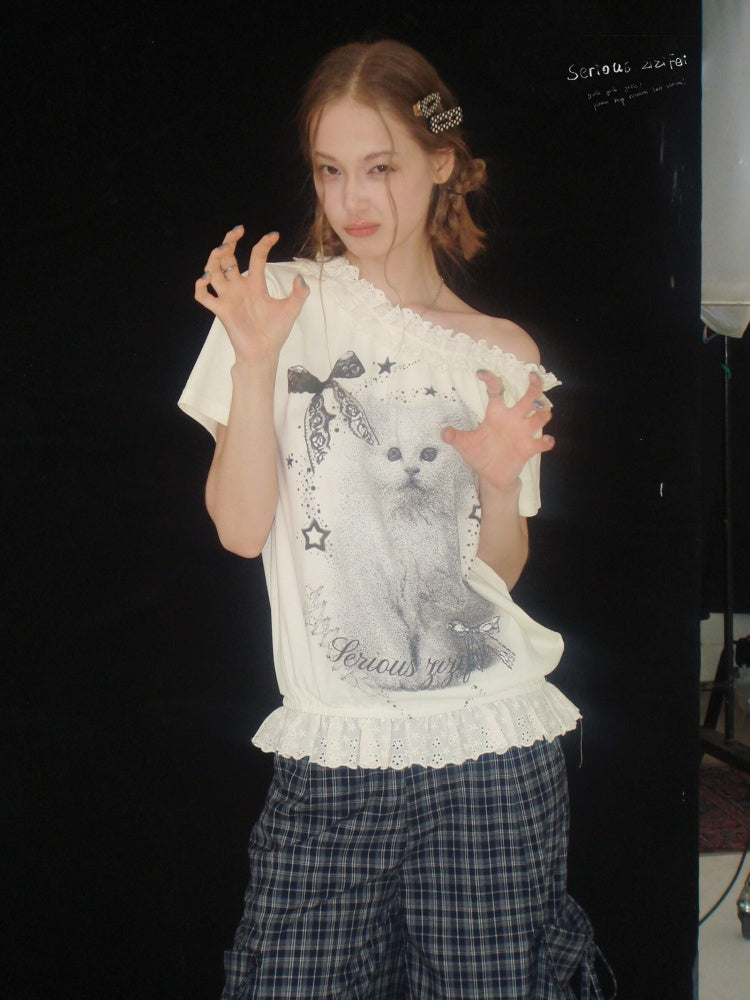 Stardust Cat Print Off-Shoulder Lace Ruffle Hem Short-Sleeved T-Shirt【s0000016343】