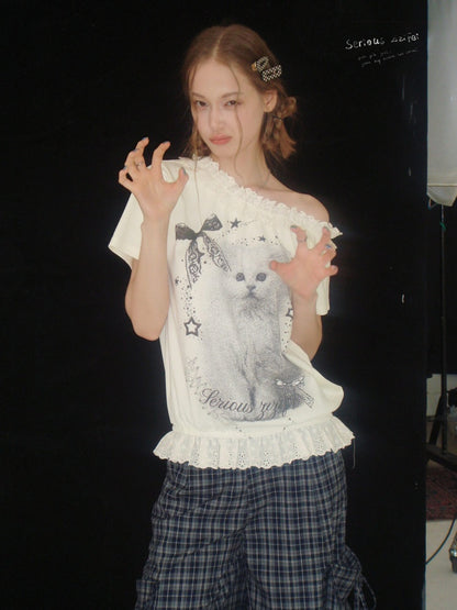 Stardust Cat Print Off-Shoulder Lace Ruffle Hem Short-Sleeved T-Shirt【s0000016343】