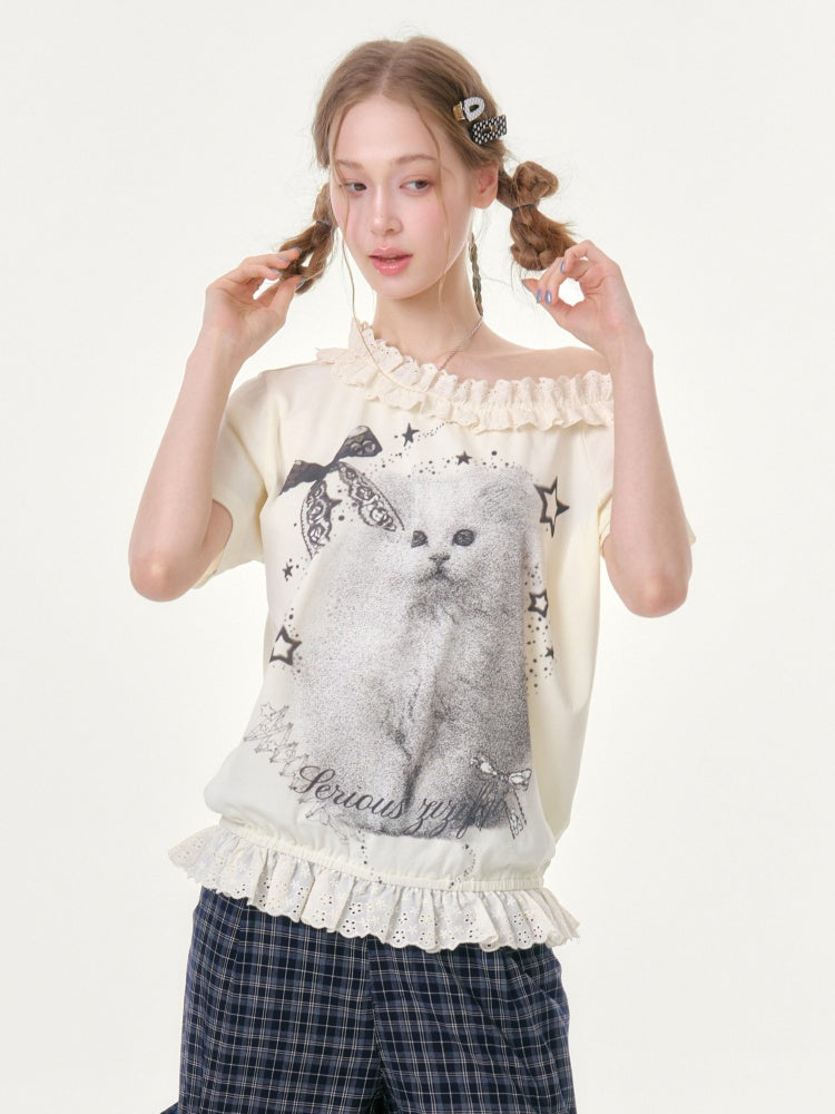 Stardust Cat Print Off-Shoulder Lace Ruffle Hem Short-Sleeved T-Shirt【s0000016343】