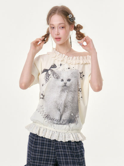 Stardust Cat Print Off-Shoulder Lace Ruffle Hem Short-Sleeved T-Shirt【s0000016343】