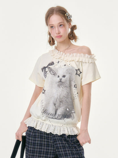 Stardust Cat Print Off-Shoulder Lace Ruffle Hem Short-Sleeved T-Shirt【s0000016343】