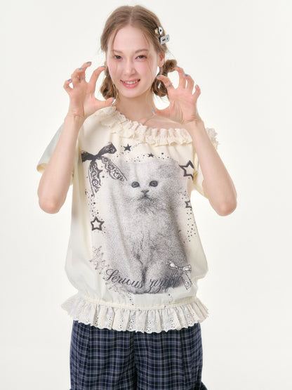 Stardust Cat Print Off-Shoulder Lace Ruffle Hem Short-Sleeved T-Shirt【s0000016343】