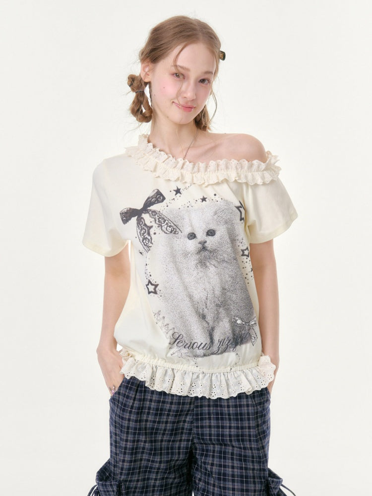 Stardust Cat Print Off-Shoulder Lace Ruffle Hem Short-Sleeved T-Shirt【s0000016343】