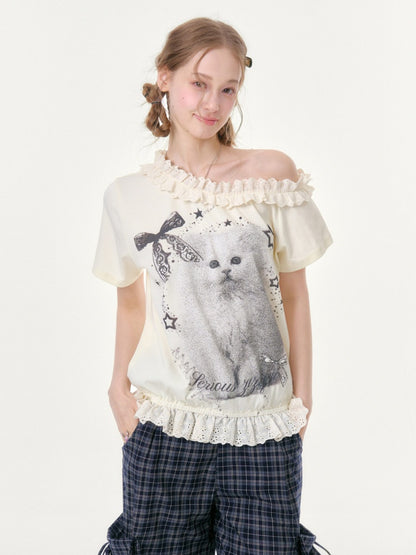 Stardust Cat Print Off-Shoulder Lace Ruffle Hem Short-Sleeved T-Shirt【s0000016343】