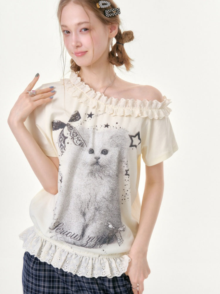 Stardust Cat Print Off-Shoulder Lace Ruffle Hem Short-Sleeved T-Shirt【s0000016343】