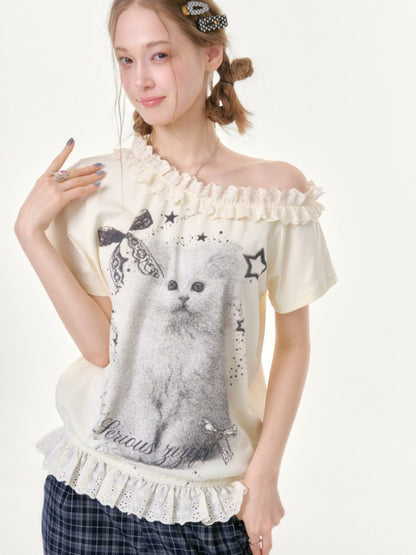 Stardust Cat Print Off-Shoulder Lace Ruffle Hem Short-Sleeved T-Shirt【s0000016343】