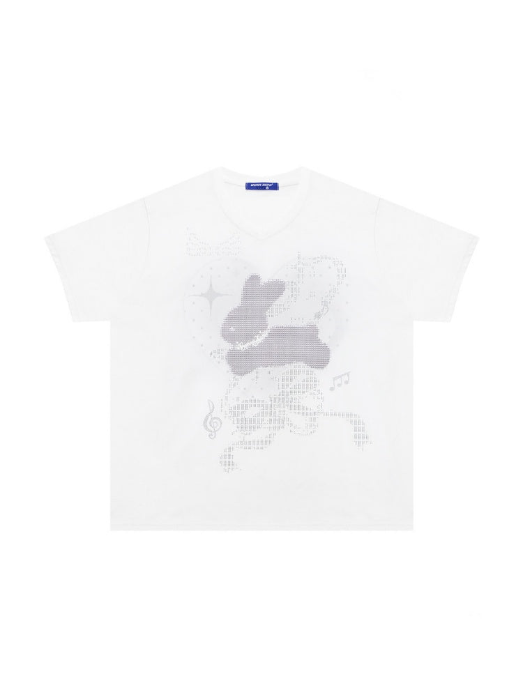 Pixel Rabbit Loose Slim V-Neck Short Sleeve T-Shirt【s0000016344】