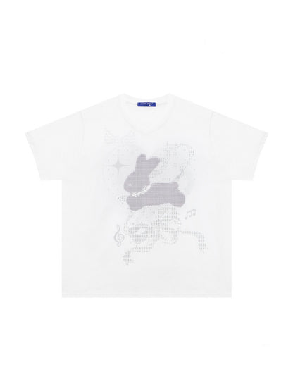 Pixel Rabbit Loose Slim V-Neck Short Sleeve T-Shirt【s0000016344】