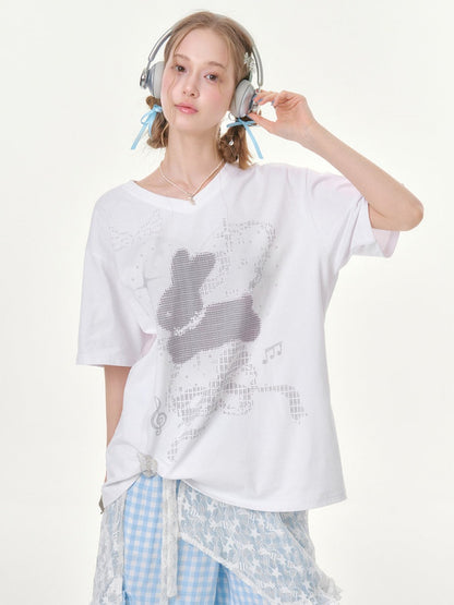 Pixel Rabbit Loose Slim V-Neck Short Sleeve T-Shirt【s0000016344】