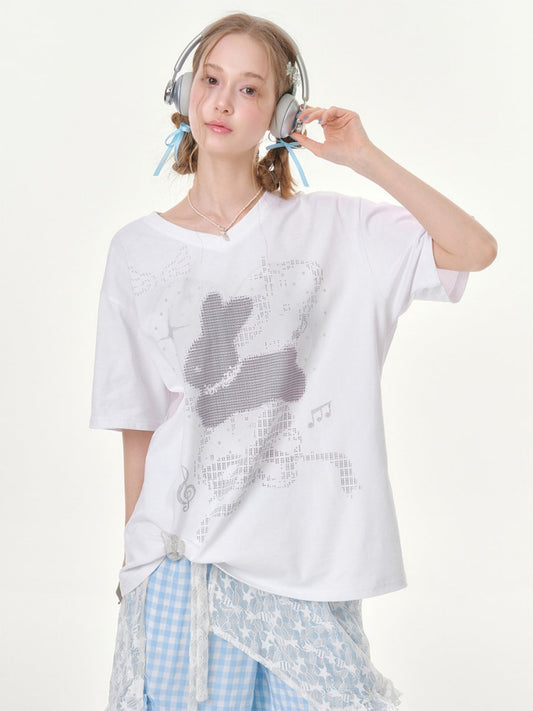 Pixel Rabbit Loose Slim V-Neck Short Sleeve T-Shirt【s0000016344】