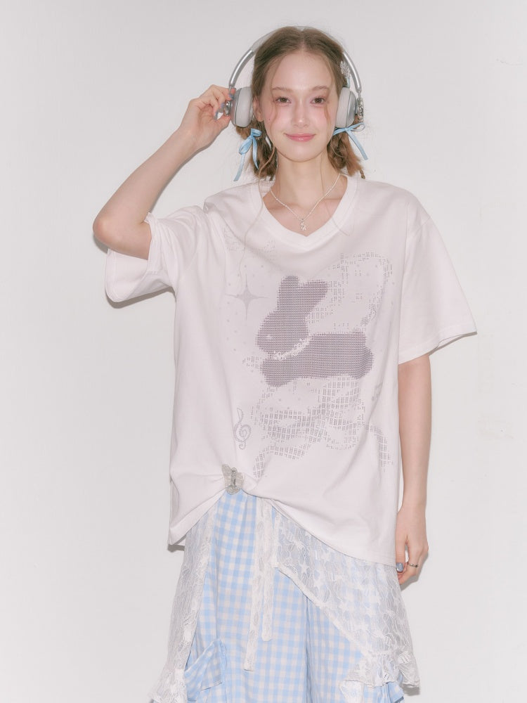 Pixel Rabbit Loose Slim V-Neck Short Sleeve T-Shirt【s0000016344】