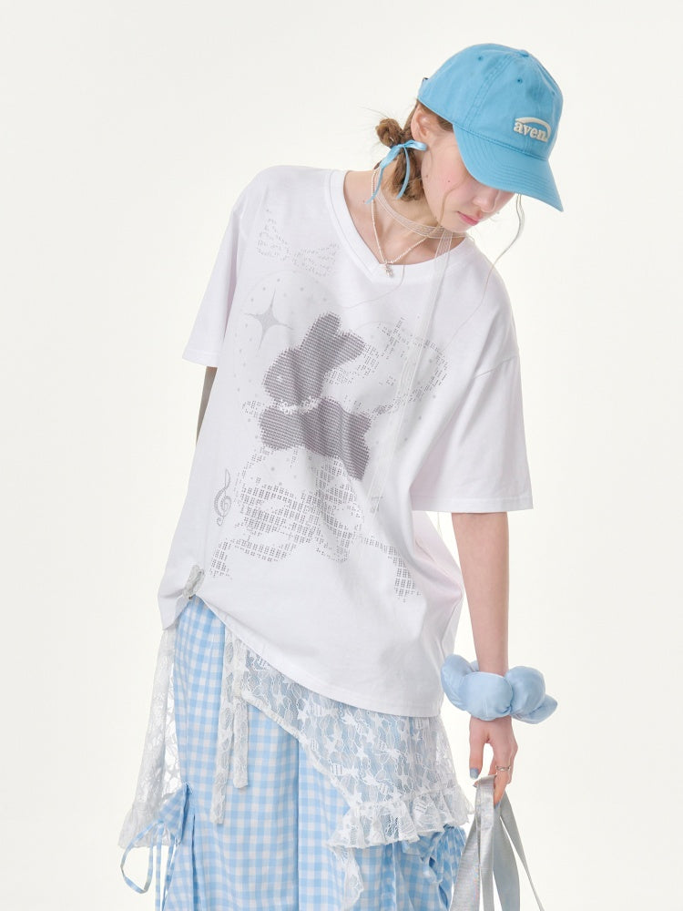 Pixel Rabbit Loose Slim V-Neck Short Sleeve T-Shirt【s0000016344】