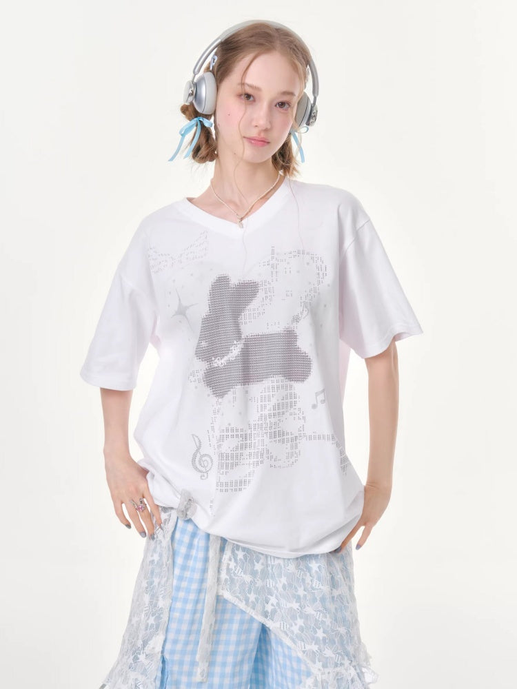Pixel Rabbit Loose Slim V-Neck Short Sleeve T-Shirt【s0000016344】