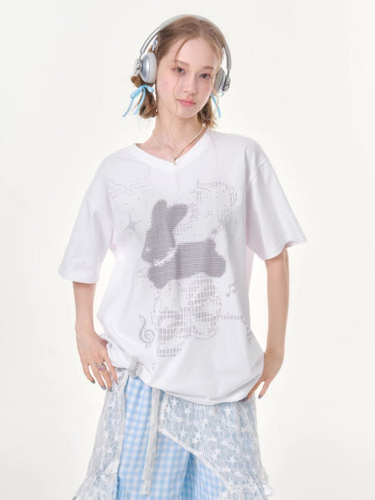 Pixel Rabbit Loose Slim V-Neck Short Sleeve T-Shirt【s0000016344】