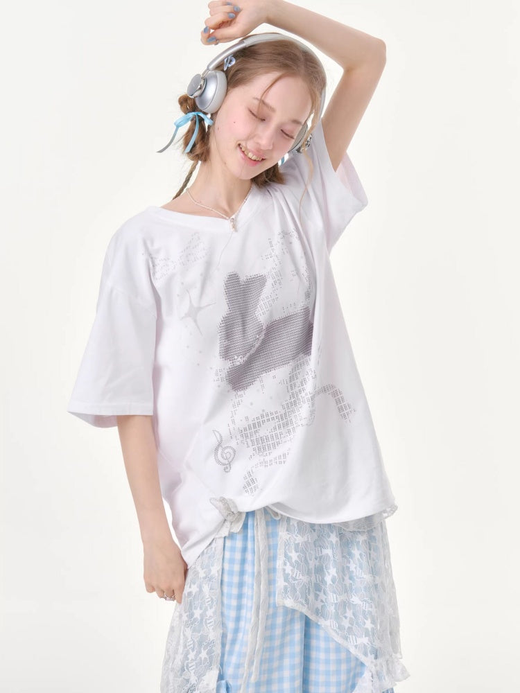 Pixel Rabbit Loose Slim V-Neck Short Sleeve T-Shirt【s0000016344】