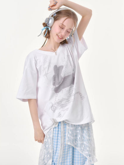 Pixel Rabbit Loose Slim V-Neck Short Sleeve T-Shirt【s0000016344】