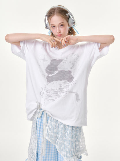 Pixel Rabbit Loose Slim V-Neck Short Sleeve T-Shirt【s0000016344】