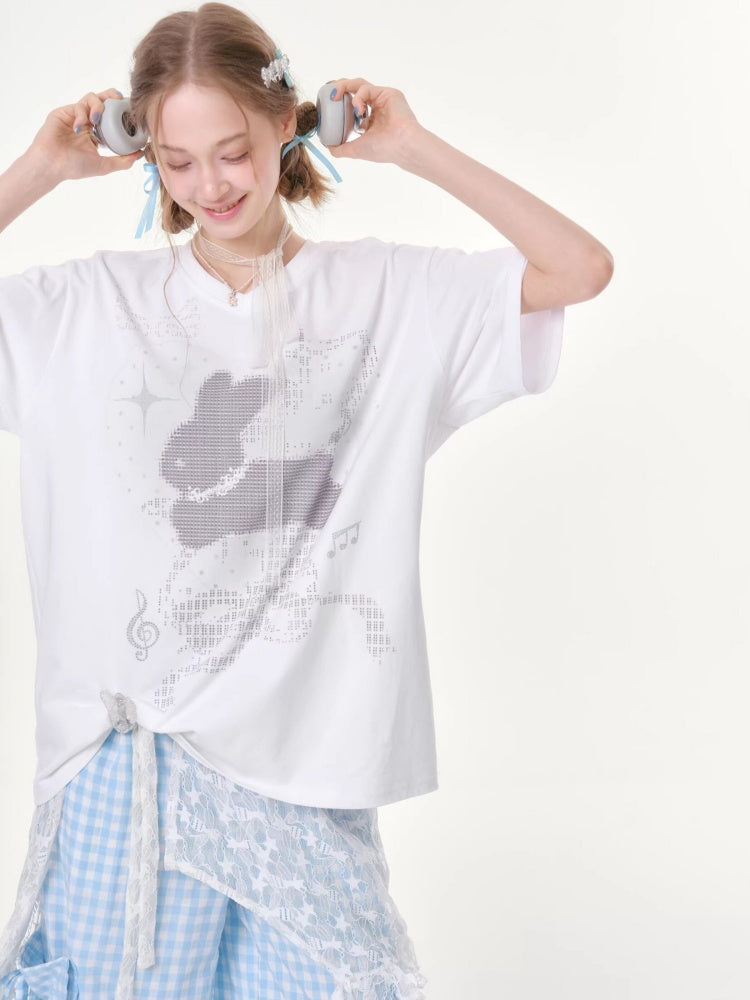 Pixel Rabbit Loose Slim V-Neck Short Sleeve T-Shirt【s0000016344】