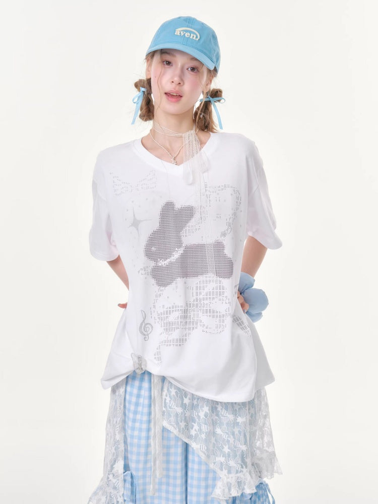 Pixel Rabbit Loose Slim V-Neck Short Sleeve T-Shirt【s0000016344】