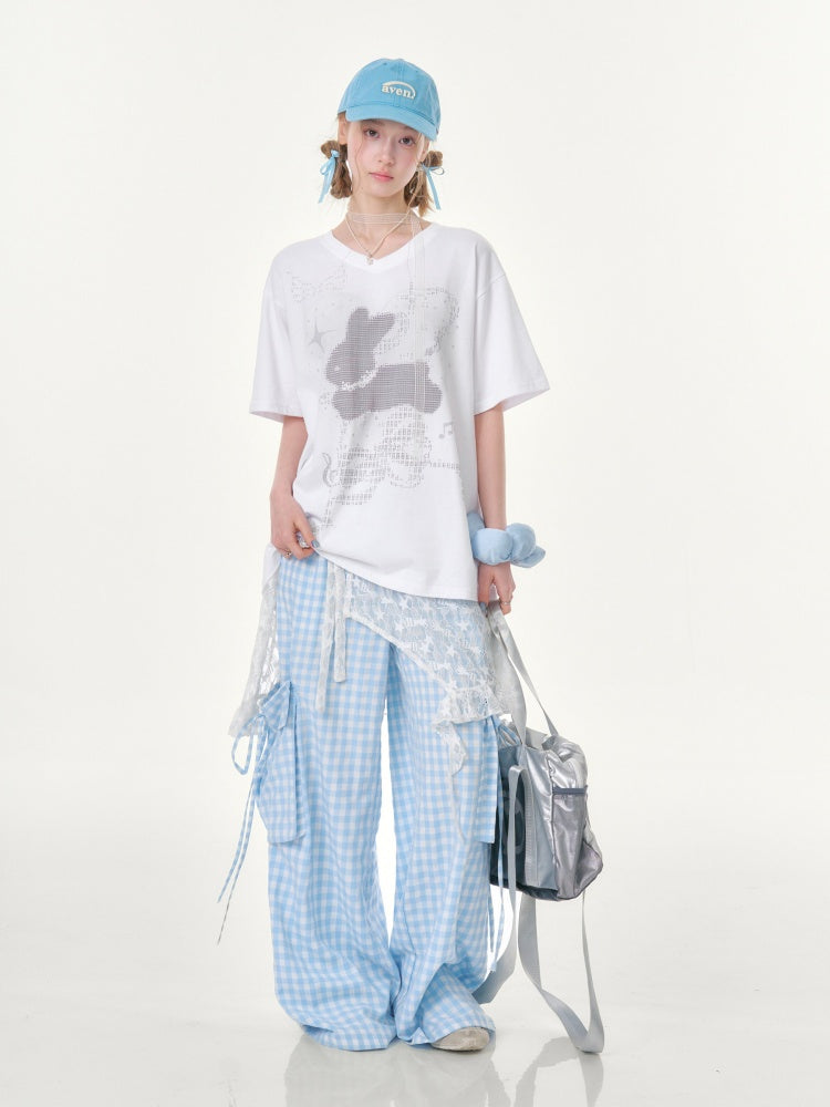 Pixel Rabbit Loose Slim V-Neck Short Sleeve T-Shirt【s0000016344】