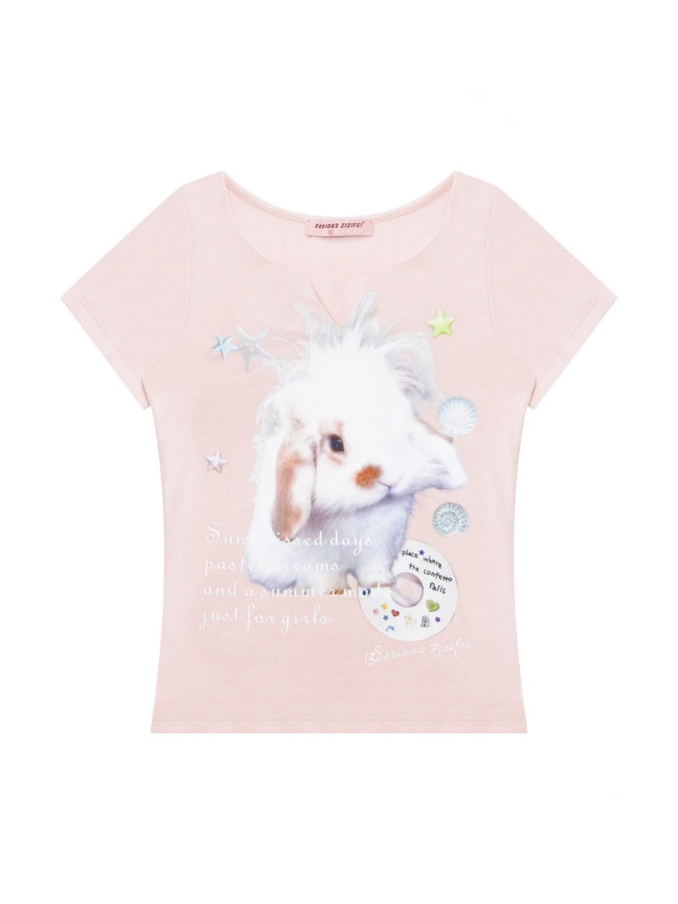 Fried Hairy Cute Rabbit Small V-Neck Short-Sleeved T-Shirt Light Pink【s0000016345】