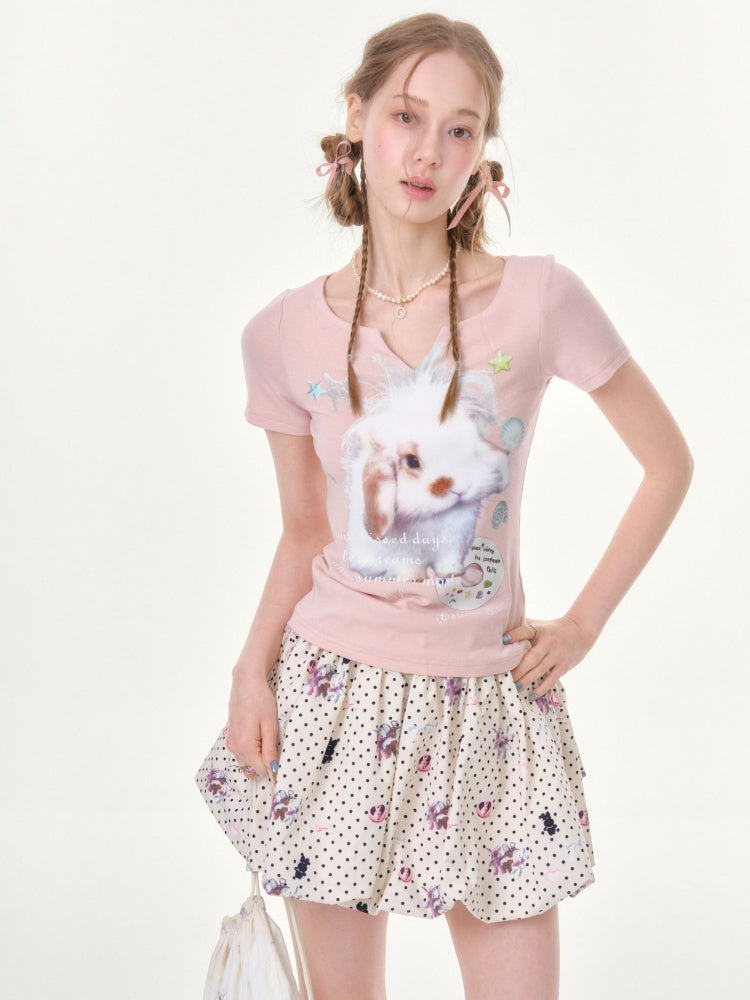Fried Hairy Cute Rabbit Small V-Neck Short-Sleeved T-Shirt Light Pink【s0000016345】