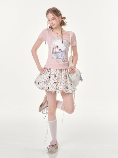 Fried Hairy Cute Rabbit Small V-Neck Short-Sleeved T-Shirt Light Pink【s0000016345】