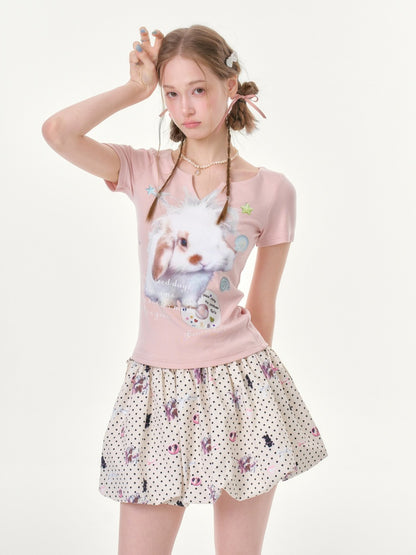 Fried Hairy Cute Rabbit Small V-Neck Short-Sleeved T-Shirt Light Pink【s0000016345】