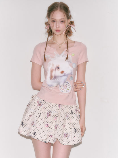 Fried Hairy Cute Rabbit Small V-Neck Short-Sleeved T-Shirt Light Pink【s0000016345】