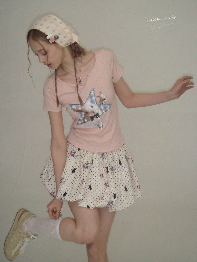 Fried Hairy Cute Rabbit Small V-Neck Short-Sleeved T-Shirt Light Pink【s0000016345】