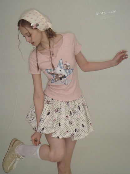 Fried Hairy Cute Rabbit Small V-Neck Short-Sleeved T-Shirt Light Pink【s0000016345】