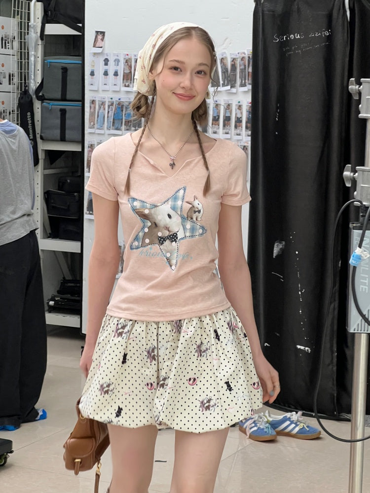 Fried Hairy Cute Rabbit Small V-Neck Short-Sleeved T-Shirt Light Pink【s0000016345】