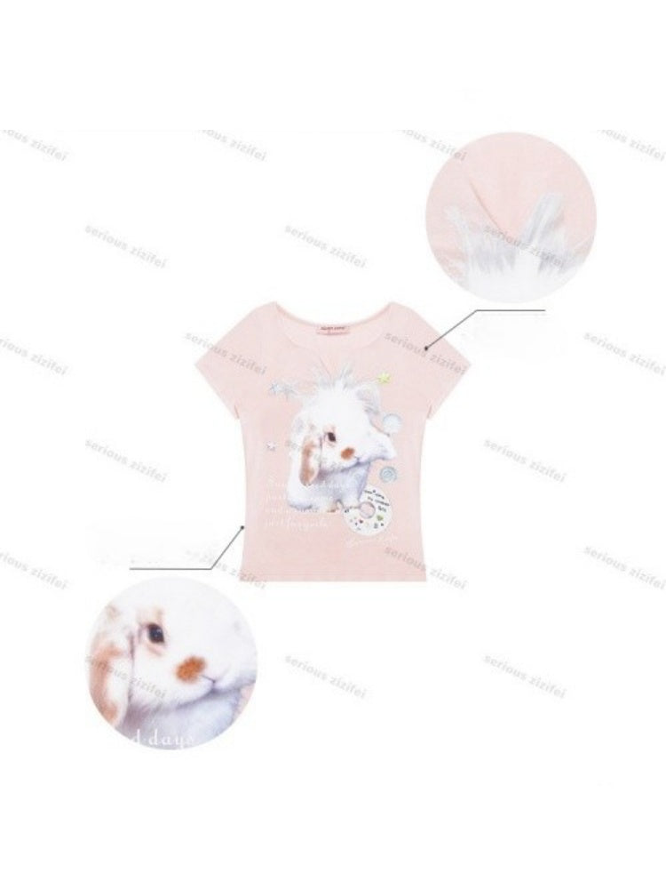 Fried Hairy Cute Rabbit Small V-Neck Short-Sleeved T-Shirt Light Pink【s0000016345】