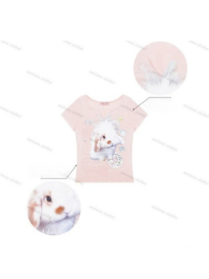 Fried Hairy Cute Rabbit Small V-Neck Short-Sleeved T-Shirt Light Pink【s0000016345】