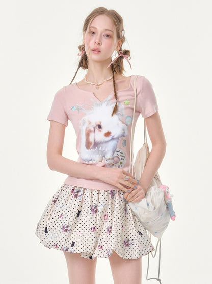 Fried Hairy Cute Rabbit Small V-Neck Short-Sleeved T-Shirt Light Pink【s0000016345】