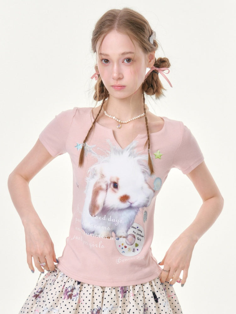Fried Hairy Cute Rabbit Small V-Neck Short-Sleeved T-Shirt Light Pink【s0000016345】